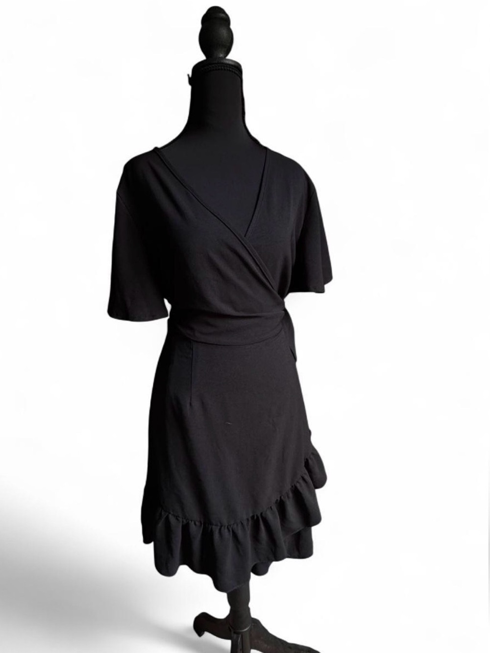 Amazon Essentials Black Wrap Midi Dress with Ruffle Hem